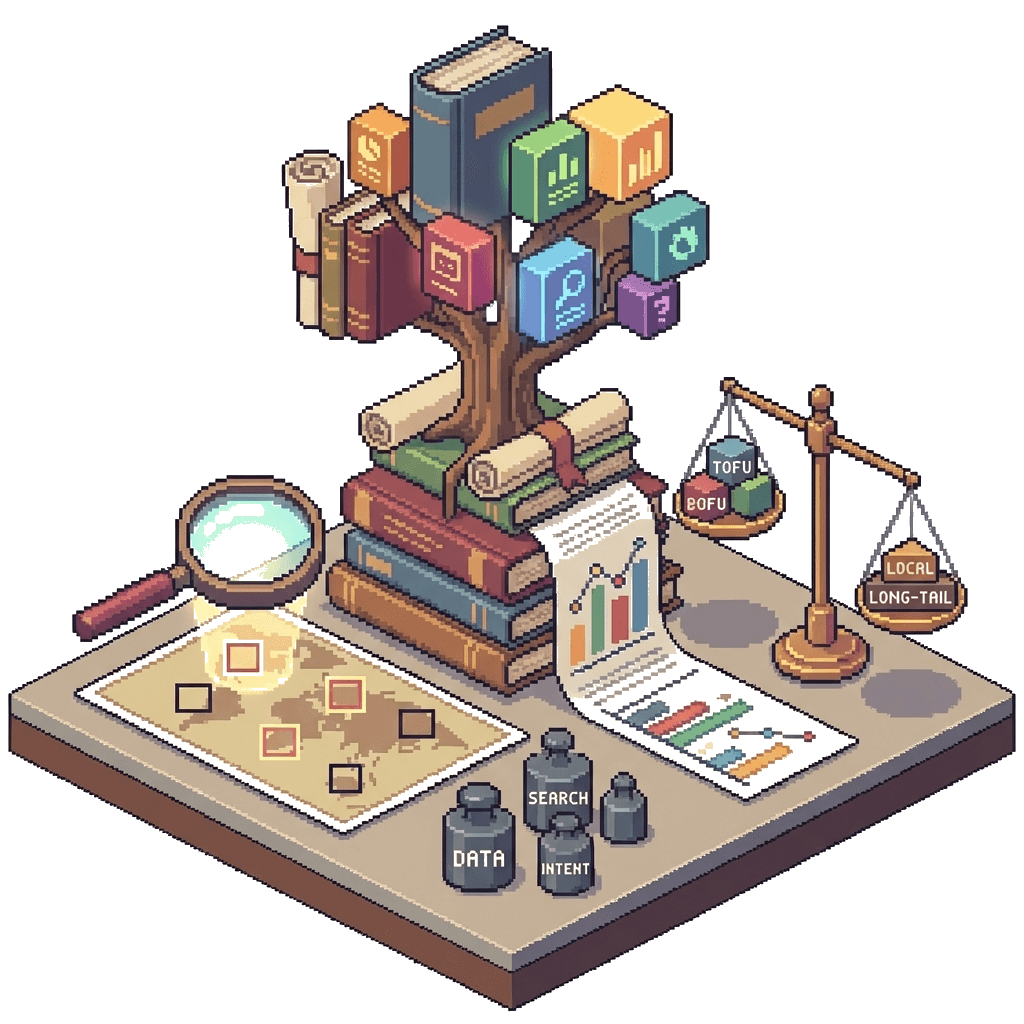 Content pillar tree with TOFU/BOFU balance, search data weights, and strategic planning