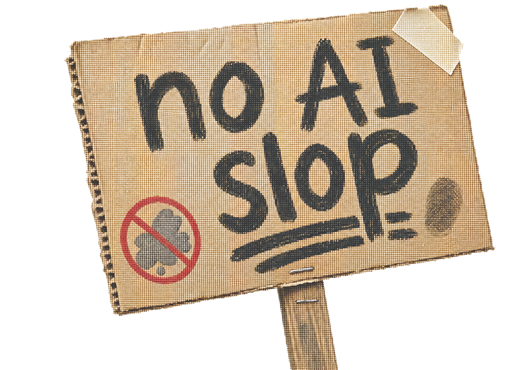 A hand-lettered cardboard sign reading 'no AI slop', with a crossed-out symbol